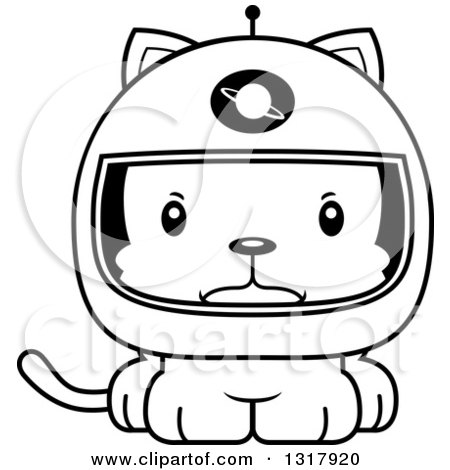 Animal Lineart Clipart of a Cartoon Black and White Cute Mad Kitten Cat Astronaut - Royalty Free Outline Vector Illustration by Cory Thoman