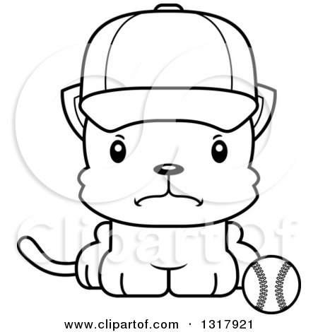 Animal Lineart Clipart of a Cartoon Black and White Cute Mad Kitten Cat Sitting by a Baseball - Royalty Free Outline Vector Illustration by Cory Thoman