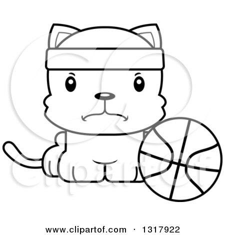 Animal Lineart Clipart of a Cartoon Black and White Cute Mad Kitten Cat Sitting by a Basketball - Royalty Free Outline Vector Illustration by Cory Thoman
