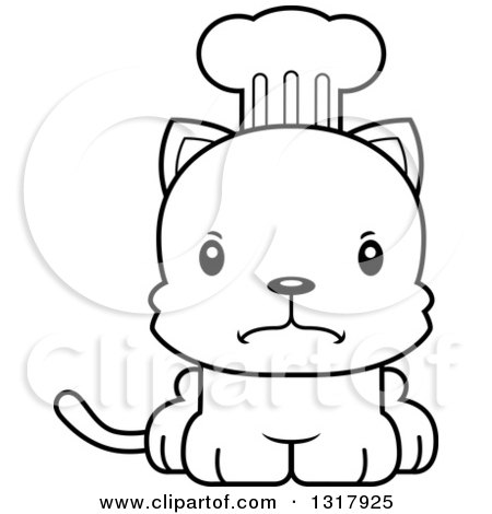 Animal Lineart Clipart of a Cartoon Black and White Cute Mad Kitten Cat Chef - Royalty Free Outline Vector Illustration by Cory Thoman