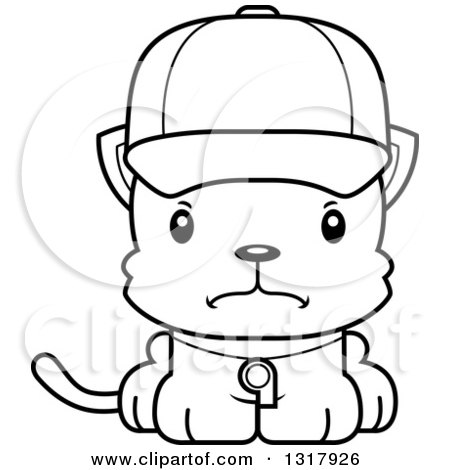 Animal Lineart Clipart of a Cartoon Black and White Cute Mad Kitten Cat Coach - Royalty Free Outline Vector Illustration by Cory Thoman