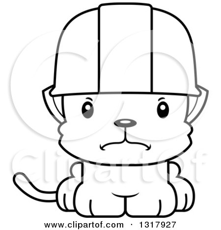 Animal Lineart Clipart of a Cartoon Black and White Cute Mad Kitten Cat Construction Worker - Royalty Free Outline Vector Illustration by Cory Thoman