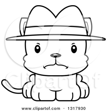 Animal Lineart Clipart of a Cartoon Black and White Cute Mad Kitten Cat Detective - Royalty Free Outline Vector Illustration by Cory Thoman