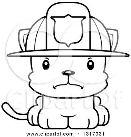 Animal Lineart Clipart of a Cartoon Black and White Cute Mad Kitten Cat Fireman - Royalty Free Outline Vector Illustration by Cory Thoman