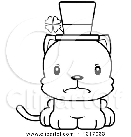 Animal Lineart Clipart of a Cartoon Black and White Cute Mad Irish St Patricks Day Kitten Cat - Royalty Free Outline Vector Illustration by Cory Thoman