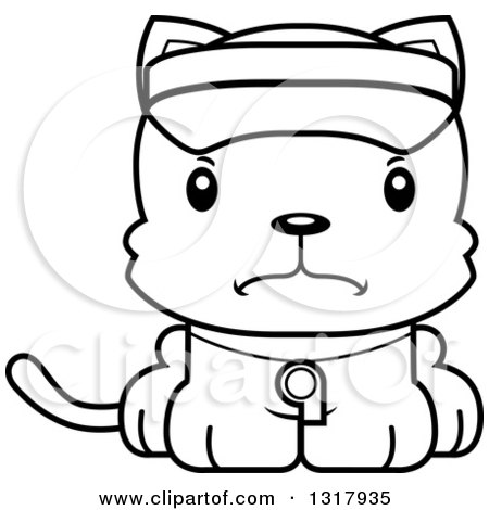 Animal Lineart Clipart of a Cartoon Black and White Cute Mad Kitten Cat Lifeguard - Royalty Free Outline Vector Illustration by Cory Thoman