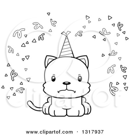 Animal Lineart Clipart of a Cartoon Black and White Cute Mad Party Kitten Cat - Royalty Free Outline Vector Illustration by Cory Thoman