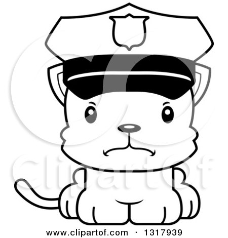 Animal Lineart Clipart of a Cartoon Black and White Cute Mad Kitten Cat Police Officer - Royalty Free Outline Vector Illustration by Cory Thoman