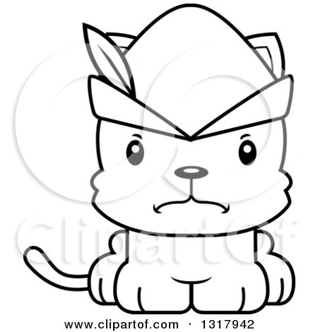 Animal Lineart Clipart of a Cartoon Black and White Cute Mad Robin Hood Kitten Cat - Royalty Free Outline Vector Illustration by Cory Thoman