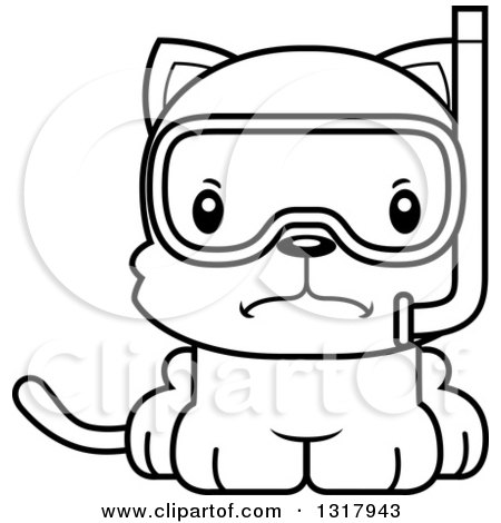 Animal Lineart Clipart of a Cartoon Black and White Cute Mad Kitten Cat Wearing Snorkel Gear - Royalty Free Outline Vector Illustration by Cory Thoman