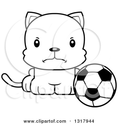 Animal Lineart Clipart of a Cartoon Black and White Cute Mad Kitten Cat Sitting by a Soccer Ball - Royalty Free Outline Vector Illustration by Cory Thoman