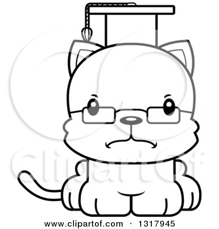 Animal Lineart Clipart of a Cartoon Black and White Cute Mad Kitten Cat Professor - Royalty Free Outline Vector Illustration by Cory Thoman