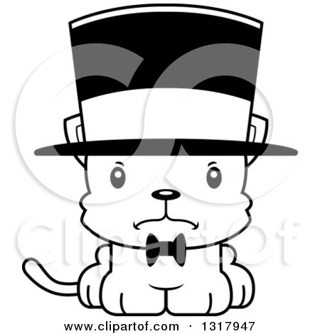 Animal Lineart Clipart of a Cartoon Black and White Cute Mad Kitten Cat Gentleman Wearing a Top Hat - Royalty Free Outline Vector Illustration by Cory Thoman