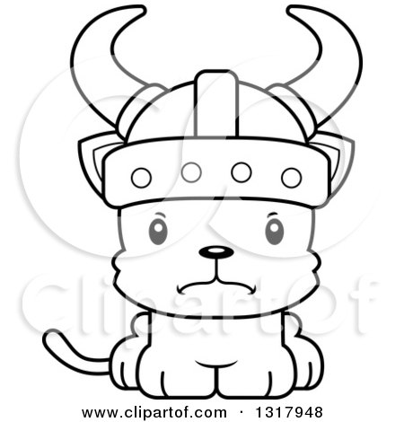 Animal Lineart Clipart of a Cartoon Black and White Cute Mad Kitten Cat Viking - Royalty Free Outline Vector Illustration by Cory Thoman