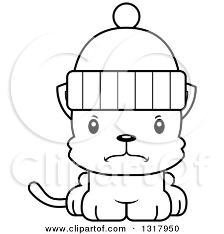 Animal Lineart Clipart of a Cartoon Black and White Cute Mad Kitten Cat Wearing a Winter Hat - Royalty Free Outline Vector Illustration by Cory Thoman