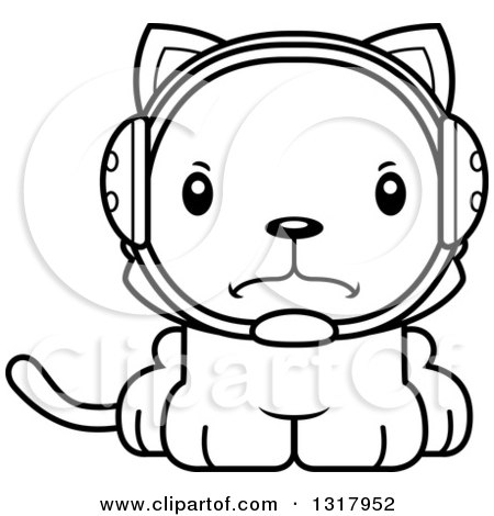 Animal Lineart Clipart of a Cartoon Black and White Cute Mad Kitten Cat Wrestler - Royalty Free Outline Vector Illustration by Cory Thoman