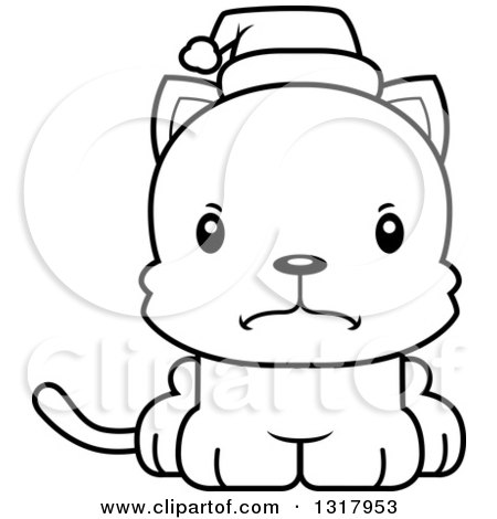 Animal Lineart Clipart of a Cartoon Black and White Cute Mad Christmas Kitten Cat Wearing a Santa Hat - Royalty Free Outline Vector Illustration by Cory Thoman