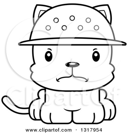 Animal Lineart Clipart of a Cartoon Black and White Cute Mad Kitten Cat Zookeeper - Royalty Free Outline Vector Illustration by Cory Thoman