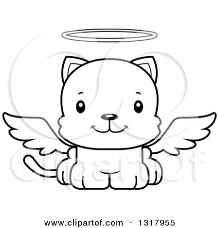 Animal Lineart Clipart of a Cartoon Black and White Cute Happy Kitten Cat Angel - Royalty Free Outline Vector Illustration by Cory Thoman