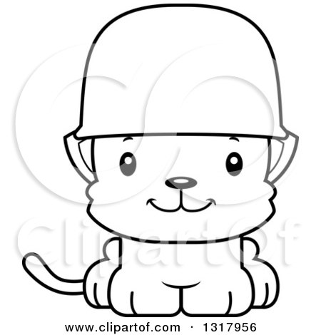 Animal Lineart Clipart of a Cartoon Black and White Cute Happy Kitten Cat Army Soldier - Royalty Free Outline Vector Illustration by Cory Thoman