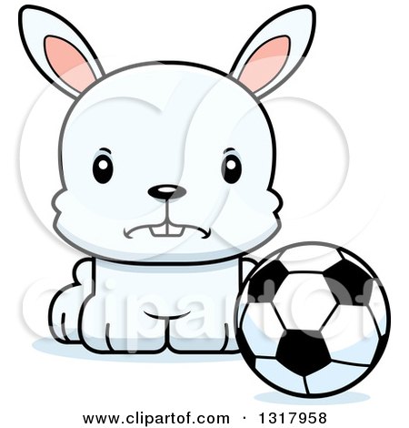 Animal Clipart of a Cartoon Cute Mad White Rabbit Sitting by a Soccer Ball - Royalty Free Vector Illustration by Cory Thoman
