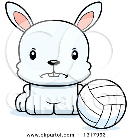 Animal Clipart of a Cartoon Cute Mad White Rabbit Sitting by a Volleyball - Royalty Free Vector Illustration by Cory Thoman