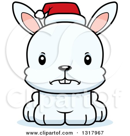 Animal Clipart of a Cartoon Cute Mad White Christmas Rabbit Wearing a Sant Hat - Royalty Free Vector Illustration by Cory Thoman