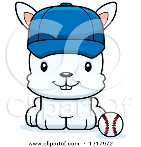 Animal Clipart of a Cartoon Cute Happy White Rabbit Sitting by a Baseball - Royalty Free Vector Illustration by Cory Thoman