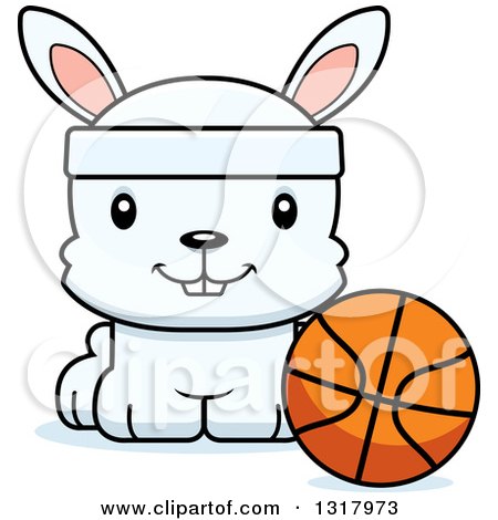 Animal Clipart of a Cartoon Cute Happy White Rabbit Sitting by a Basketball - Royalty Free Vector Illustration by Cory Thoman