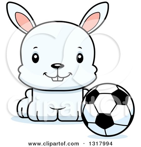 Animal Clipart of a Cartoon Cute Happy White Rabbit Sitting by a Soccer Ball - Royalty Free Vector Illustration by Cory Thoman