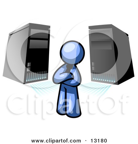 Blue Business Man Standing in Front of Servers Clipart Illustration by Leo Blanchette