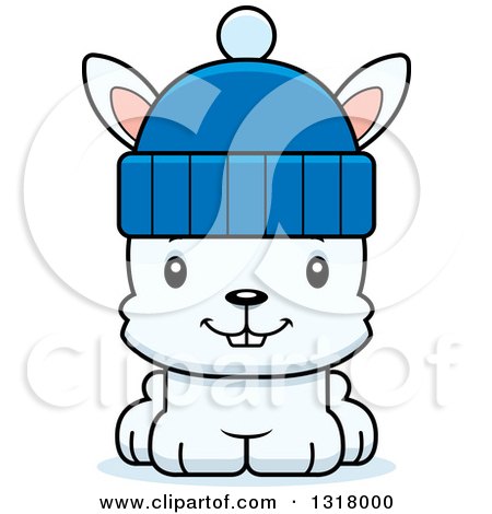 Animal Clipart of a Cartoon Cute Happy White Rabbit Wearing a Winter Hat - Royalty Free Vector Illustration by Cory Thoman