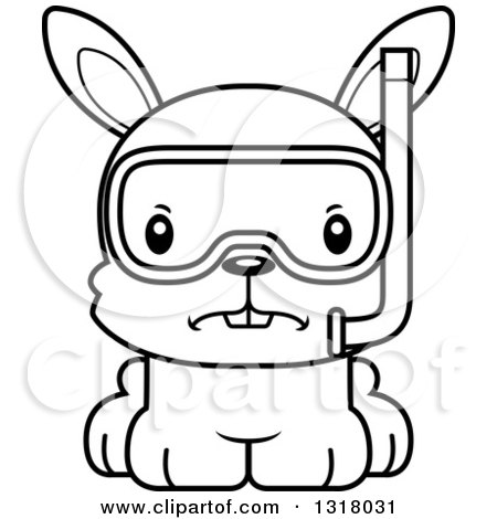 Animal Lineart Clipart of a Cartoon Black and White Cute Mad Rabbit in Snorkel Gear - Royalty Free Outline Vector Illustration by Cory Thoman