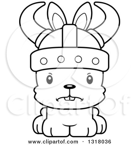 Animal Lineart Clipart of a Cartoon Black and White Cute Mad Rabbit Viking - Royalty Free Outline Vector Illustration by Cory Thoman