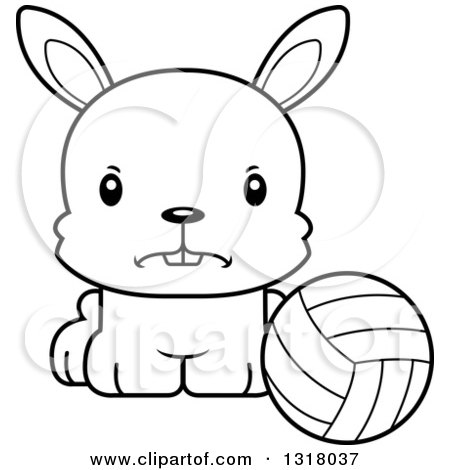 Animal Lineart Clipart of a Cartoon Black and White Cute Mad Rabbit Sitting by a Volleyball - Royalty Free Outline Vector Illustration by Cory Thoman