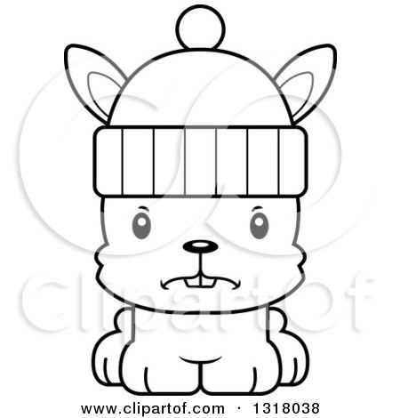 Animal Lineart Clipart of a Cartoon Black and White Cute Mad Rabbit Wearing a Winter Hat - Royalty Free Outline Vector Illustration by Cory Thoman