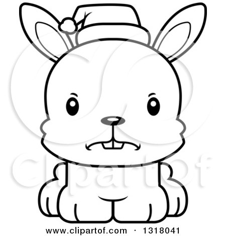 Animal Lineart Clipart of a Cartoon Black and White Cute Mad Christmas Rabbit Wearing a Sant Hat - Royalty Free Outline Vector Illustration by Cory Thoman