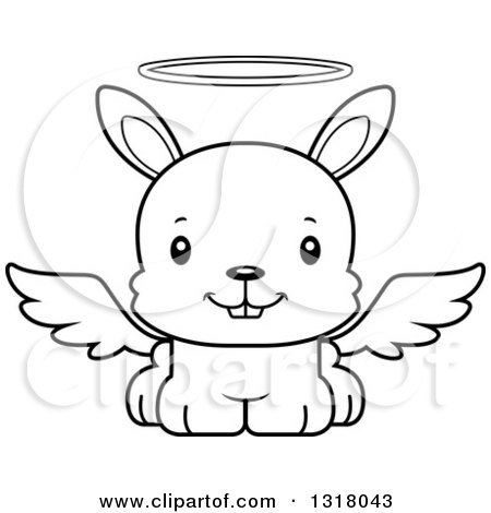 Animal Lineart Clipart of a Cartoon Black and White Cute Happy Rabbit Angel - Royalty Free Outline Vector Illustration by Cory Thoman