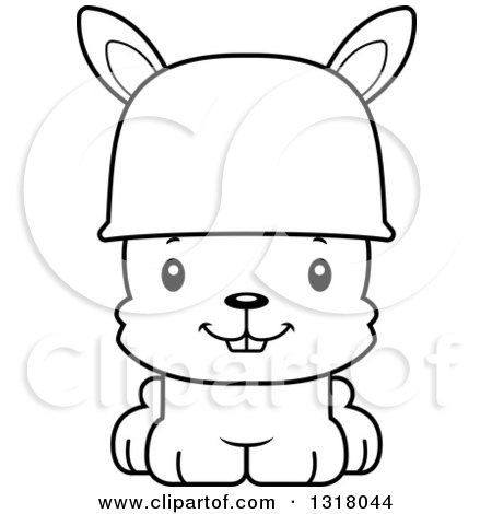 Animal Lineart Clipart of a Cartoon Black and White Cute Happy Rabbit Army Soldier - Royalty Free Outline Vector Illustration by Cory Thoman
