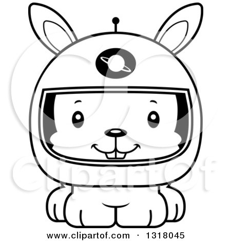Animal Lineart Clipart of a Cartoon Black and White Cute Happy Rabbit Astronaut - Royalty Free Outline Vector Illustration by Cory Thoman