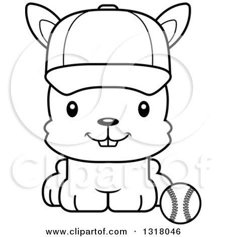 Animal Lineart Clipart of a Cartoon Black and White Cute Happy Rabbit Sitting by a Baseball - Royalty Free Outline Vector Illustration by Cory Thoman