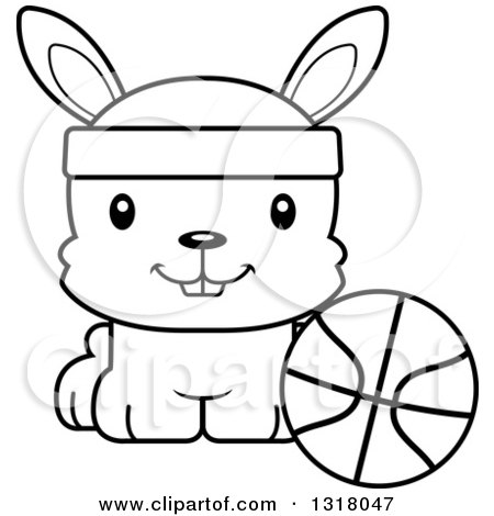 Animal Lineart Clipart of a Cartoon Black and White Cute Happy Rabbit Sitting by a Basketball - Royalty Free Outline Vector Illustration by Cory Thoman