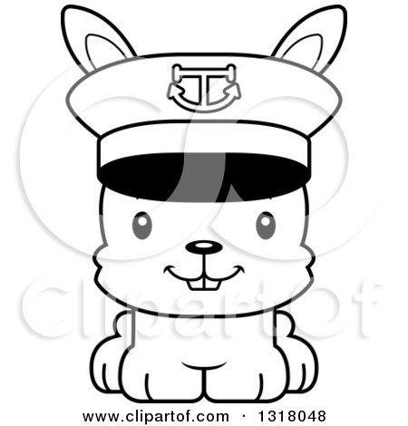 Animal Lineart Clipart of a Cartoon Black and White Cute Happy Rabbit Captain - Royalty Free Outline Vector Illustration by Cory Thoman
