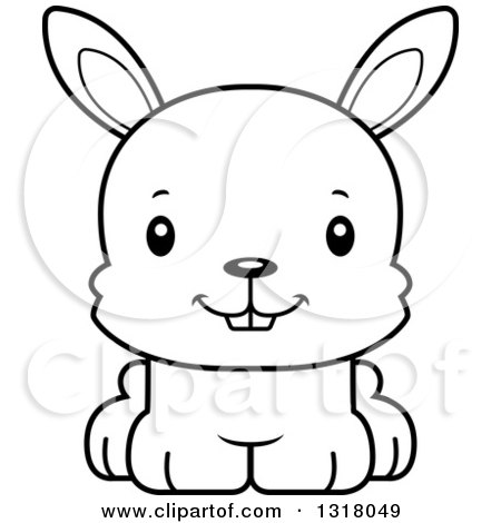 Animal Lineart Clipart of a Cartoon Black and White Cute Happy Rabbit - Royalty Free Outline Vector Illustration by Cory Thoman