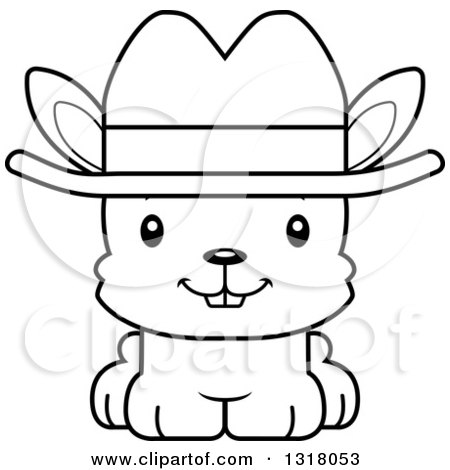 Animal Lineart Clipart of a Cartoon Black and White Cute Happy Rabbit Cowboy - Royalty Free Outline Vector Illustration by Cory Thoman
