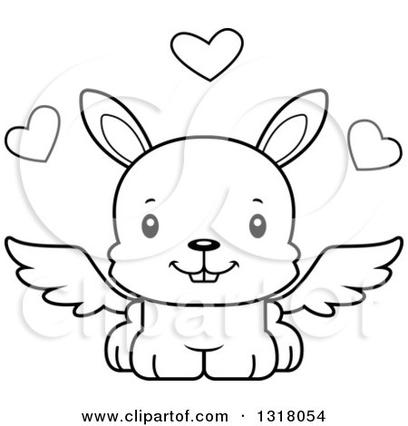 Animal Lineart Clipart of a Cartoon Black and White Cute Happy Rabbit Cupid - Royalty Free Outline Vector Illustration by Cory Thoman