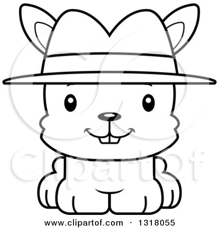 Animal Lineart Clipart of a Cartoon Black and White Cute Happy Rabbit Detective - Royalty Free Outline Vector Illustration by Cory Thoman