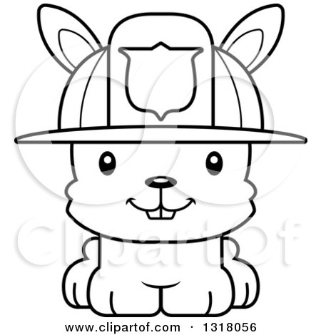 Animal Lineart Clipart of a Cartoon Black and White Cute Happy Rabbit Fireman - Royalty Free Outline Vector Illustration by Cory Thoman