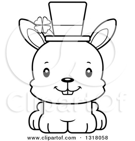 Animal Lineart Clipart of a Cartoon Black and White Cute Happy St Patricks Day Irish Rabbit - Royalty Free Outline Vector Illustration by Cory Thoman