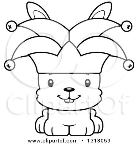 Animal Lineart Clipart of a Cartoon Black and White Cute Happy Jester Rabbit - Royalty Free Outline Vector Illustration by Cory Thoman